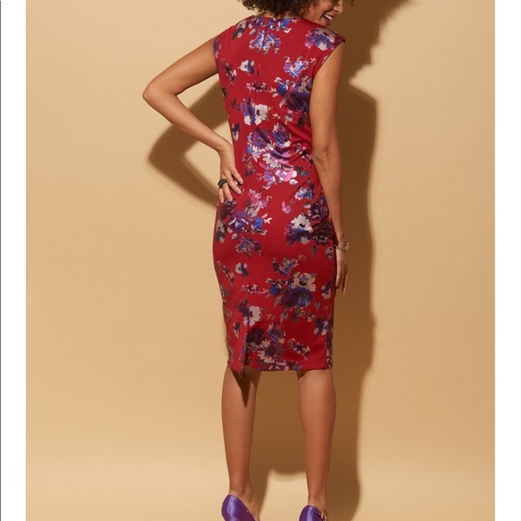 Foil printed V neck scuba sheath midi dress - Picture 2 of 4